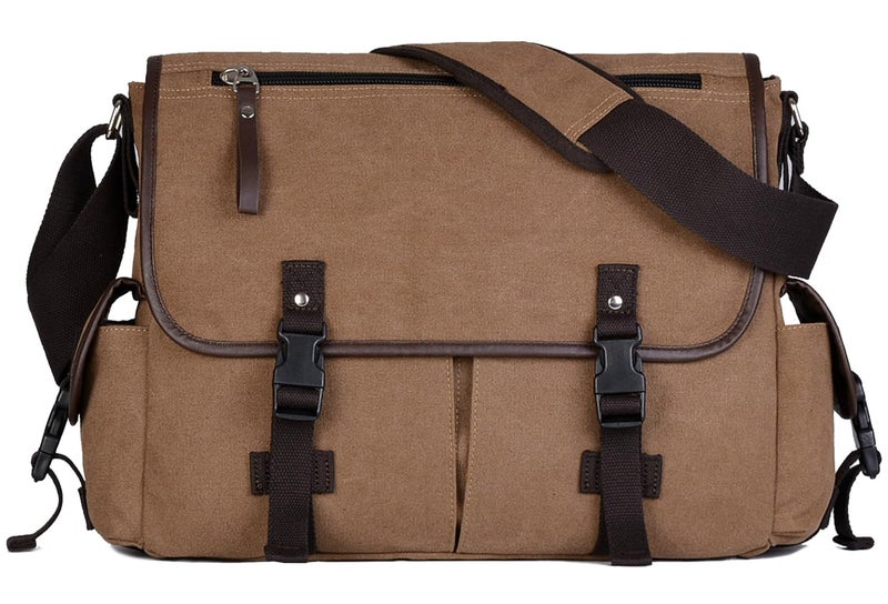 CROCOD Vintage Canvas 15.6 inch Laptop Messenger Bag for Men Women, College Computer Satchel Shoulder Bag Travel Work Office Briefcases (Coffee) - Image 1