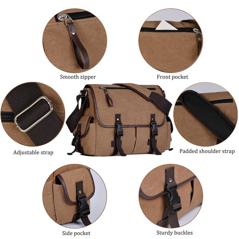 CROCOD Vintage Canvas 15.6 inch Laptop Messenger Bag for Men Women, College Computer Satchel Shoulder Bag Travel Work Office Briefcases (Coffee) - Image 5