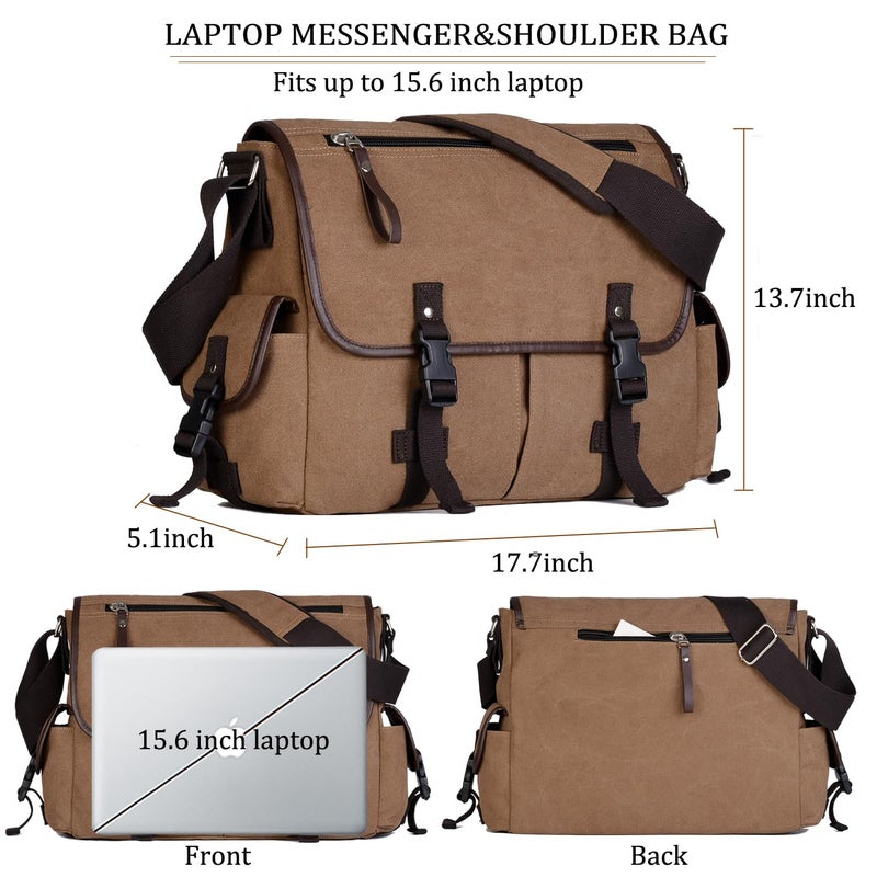 CROCOD Vintage Canvas 15.6 inch Laptop Messenger Bag for Men Women, College Computer Satchel Shoulder Bag Travel Work Office Briefcases (Coffee) - Image 3