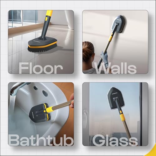 MinuteToCleanIt Bathroom Cleaning Brush with Long Handle, Hard Bristles, Microfiber Pad & Scrubber Combo for Tiles, Floor, Toilet, Window & Glass - 58.2 Inch Extendable Pole, Detachable Head, Yellow - Image 2