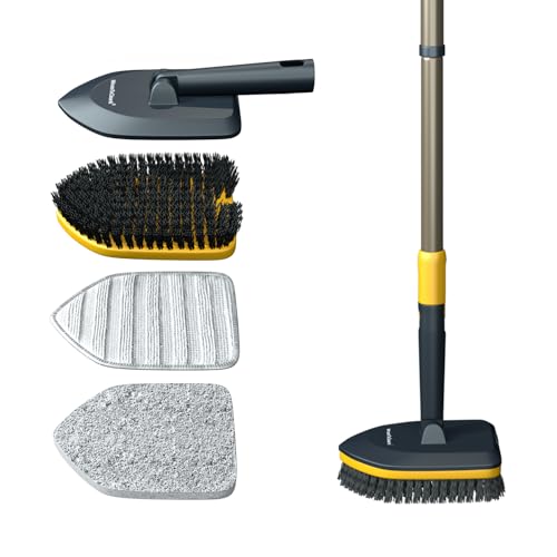 MinuteToCleanIt Bathroom Cleaning Brush with Long Handle, Hard Bristles, Microfiber Pad & Scrubber Combo for Tiles, Floor, Toilet, Window & Glass - 58.2 Inch Extendable Pole, Detachable Head, Yellow - Image 1