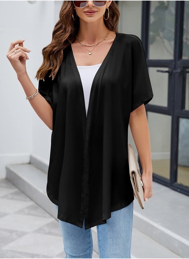 LIOFOER - Women's Open Front Cardigan Lightweight Shawl Batwing Short Sleeve Casual Shrug - Image 1