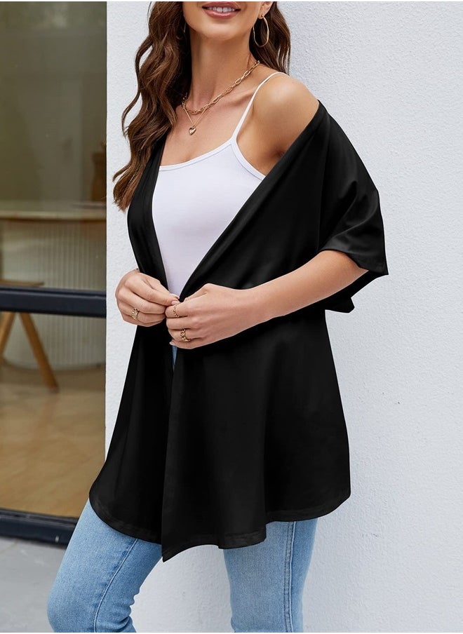 LIOFOER - Women's Open Front Cardigan Lightweight Shawl Batwing Short Sleeve Casual Shrug - Image 1