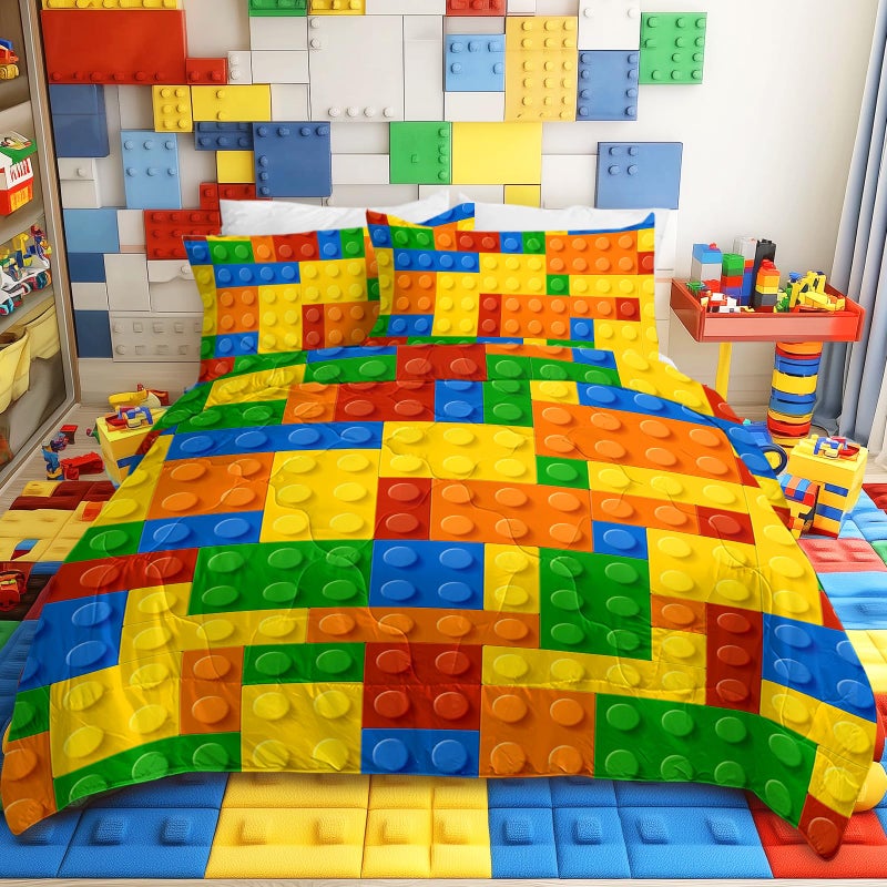 BlessLiving BlessLiving 3 Piece Funny Toy Comforter Set with Pillow Shams Colorful Building Blocks Bedding Set with 3D Printed Designs Reversible Comforter FullQueen Size Bedding Sets 