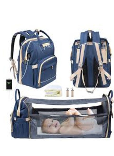 A 3-in-1 children's bed bag to carry all the child's personal belongings, with a large capacity, a USB port, a spare mattress, and a bed for easy sleeping of the child outside the home (blue)