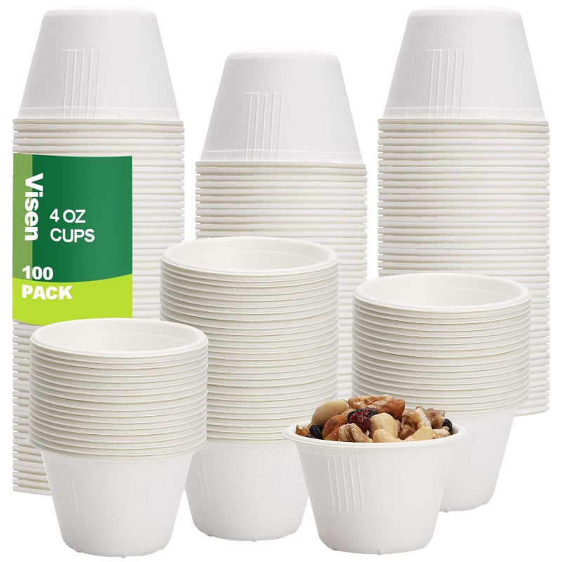 Visen 100 Pack Compostable Portion Cups 4 oz Disposable Paper for Condiment Food Sample 100 Biodegradable Souffle Jello Shot  Samples Honey Nuts White