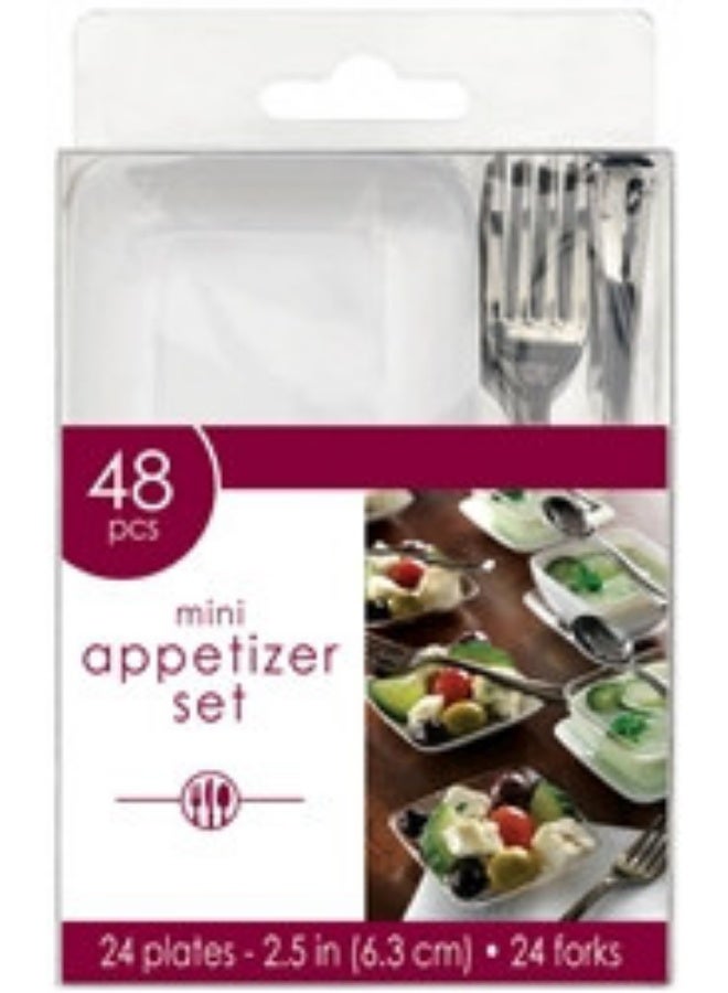 PROMASS 48-Piece Mini Appetizer Set - 24 Mini Plates (2.5-Inch) and 24 Forks - White