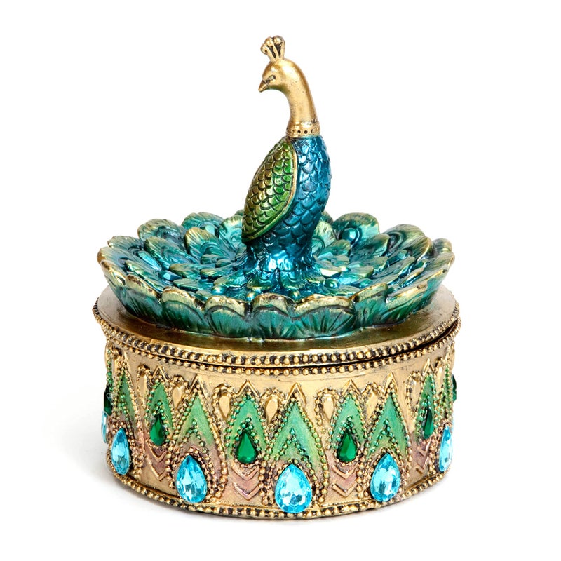 Bits and Pieces - Peacock Keepsake Box - Peacock Art - Golden Jewelry Box - Image 1