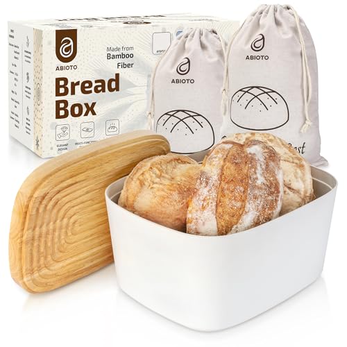 ABIOTO Extra Large Bread Box for Kitchen Countertop with 2 Bread Bags - Sturdy Modern Construction, Ribbed Design Keeps Bread Fresh Longer - Large Sourdough Bread Box with Cutting Board Lid (White) - Image 1