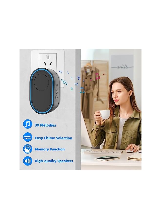 PROMASS Wireless Doorbell, IP65 Waterproof Ring Doorbell with 39 Chimes, 5 Level Adjustable Volume, LED Flash, 150m Range Cordless Battery Operated Door Chime Kit Easy Install for Home School Office, Black - Image 4