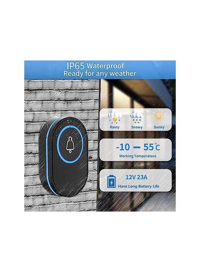 PROMASS Wireless Doorbell, IP65 Waterproof Ring Doorbell with 39 Chimes, 5 Level Adjustable Volume, LED Flash, 150m Range Cordless Battery Operated Door Chime Kit Easy Install for Home School Office, Black - Image 2