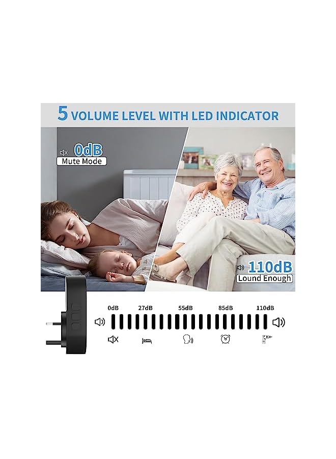 PROMASS Wireless Doorbell, IP65 Waterproof Ring Doorbell with 39 Chimes, 5 Level Adjustable Volume, LED Flash, 150m Range Cordless Battery Operated Door Chime Kit Easy Install for Home School Office, Black - Image 5