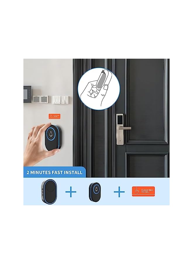 PROMASS Wireless Doorbell, IP65 Waterproof Ring Doorbell with 39 Chimes, 5 Level Adjustable Volume, LED Flash, 150m Range Cordless Battery Operated Door Chime Kit Easy Install for Home School Office, Black - Image 3