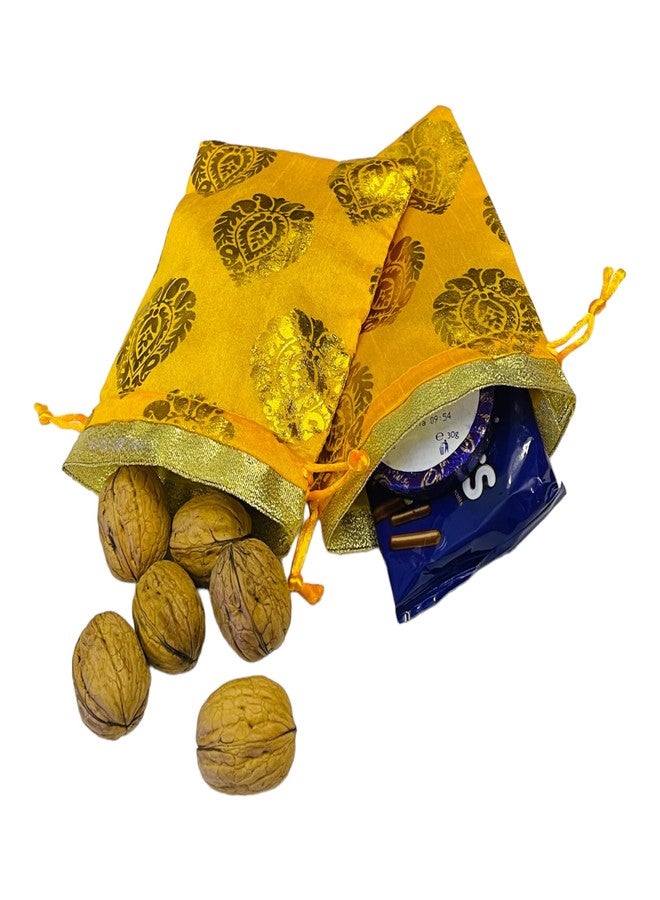 Moira 25/50/ 100 pcs 5 inch X 7 inch Unisex Gift Potli Bags Drawstring Closure Silk Brocade Gold Motifs for Gifting/Jewellery Storage/Chocolates/Dryfruits (Yellow, 25) - Image 4