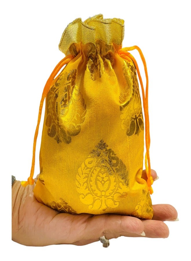 Moira 25/50/ 100 pcs 5 inch X 7 inch Unisex Gift Potli Bags Drawstring Closure Silk Brocade Gold Motifs for Gifting/Jewellery Storage/Chocolates/Dryfruits (Yellow, 25) - Image 3