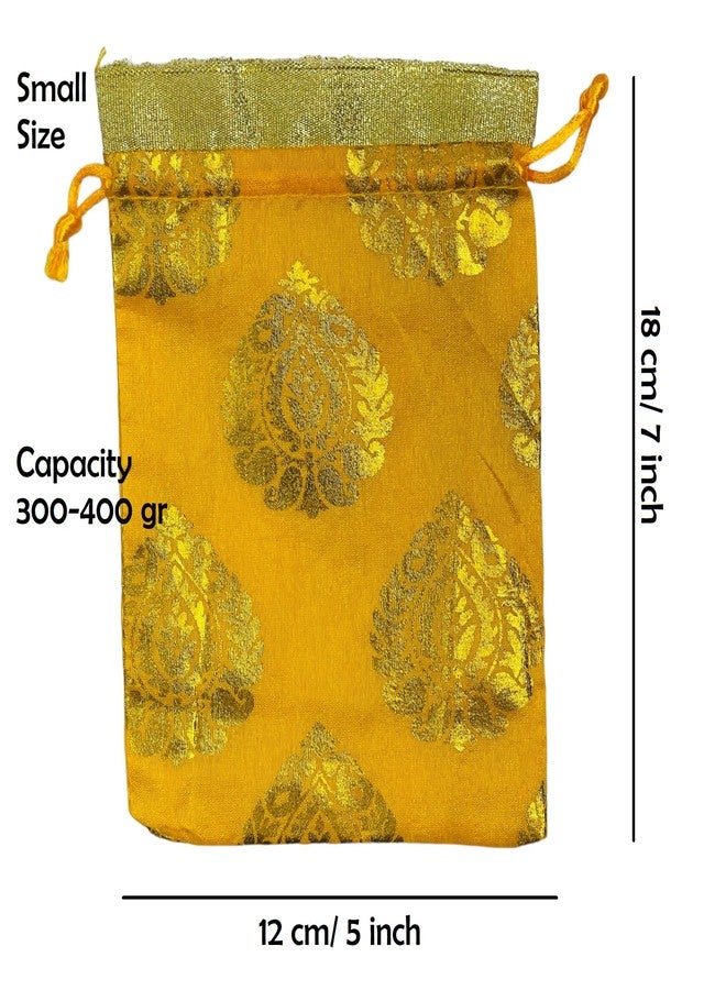 Moira 25/50/ 100 pcs 5 inch X 7 inch Unisex Gift Potli Bags Drawstring Closure Silk Brocade Gold Motifs for Gifting/Jewellery Storage/Chocolates/Dryfruits (Yellow, 25) - Image 2