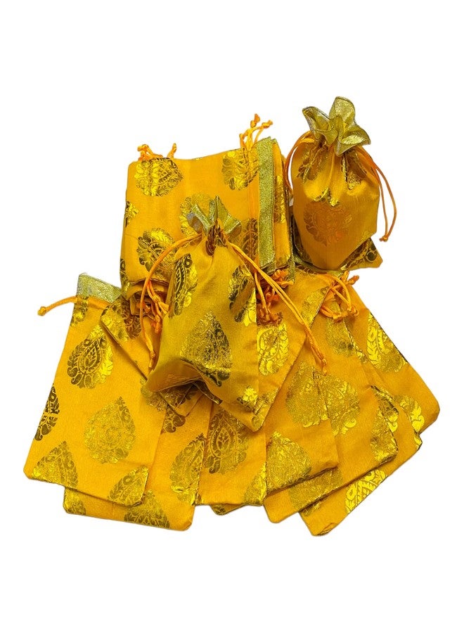 Moira 25/50/ 100 pcs 5 inch X 7 inch Unisex Gift Potli Bags Drawstring Closure Silk Brocade Gold Motifs for Gifting/Jewellery Storage/Chocolates/Dryfruits (Yellow, 25) - Image 1