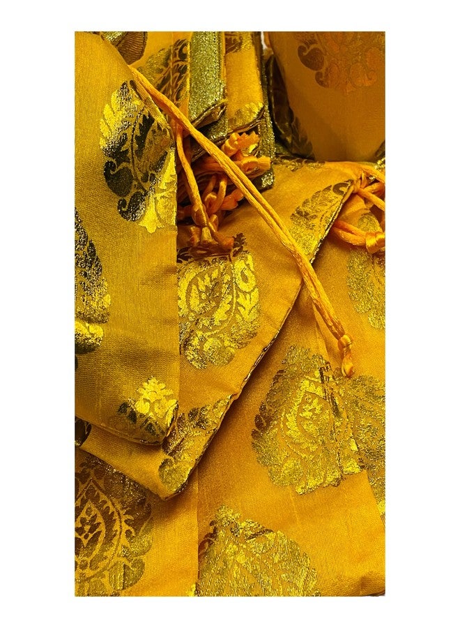 Moira 25/50/ 100 pcs 5 inch X 7 inch Unisex Gift Potli Bags Drawstring Closure Silk Brocade Gold Motifs for Gifting/Jewellery Storage/Chocolates/Dryfruits (Yellow, 25) - Image 5