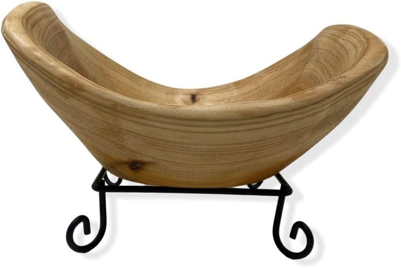 TJ Global Handmade Wood Bowl Rectangular shape Handcarved Natural Root Wood Crafts Bowl Fruit Salad Serving Bowls with Metal Stand  Large L95 x W9 x H5 - Image 1