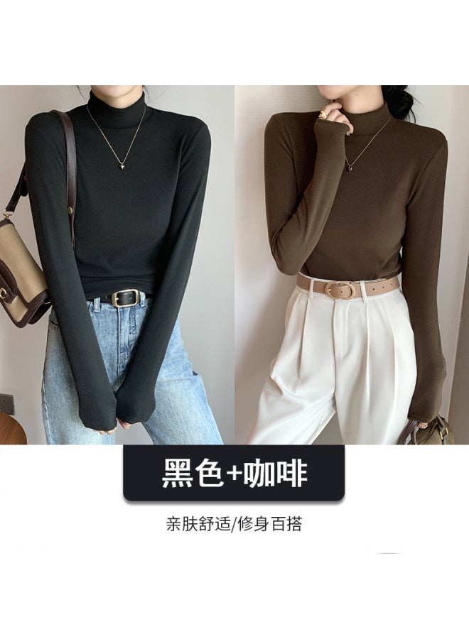 Combination Set Of Half Turtleneck Double-sided German Velvet Bottoming Shirt For Women, Autumn And Winter Style, Pure Color Warm Long-sleeved Top
