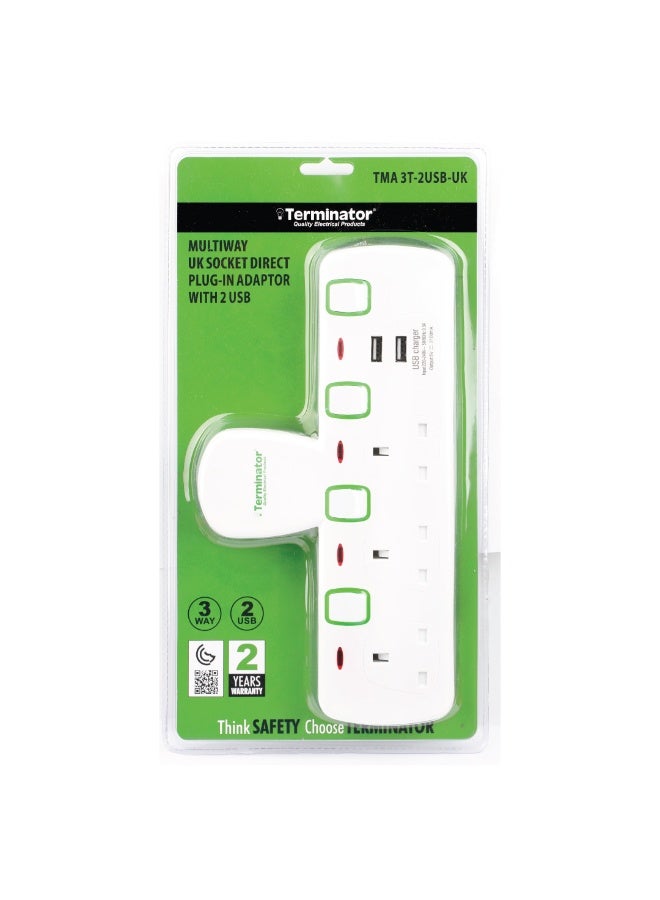 Terminator Terminator 3-Way Universal Multi-Adapter with 2 USB Charging Ports, T-Socket Power Extender & Travel Plug - Image 2