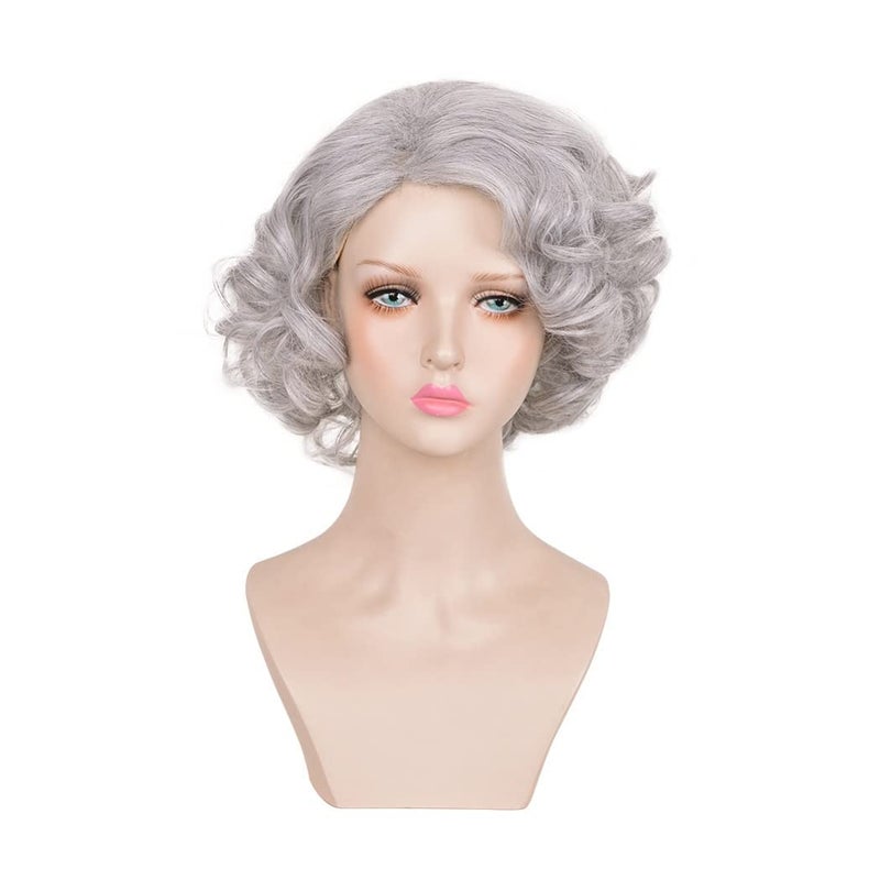 KOLIGHT 13inch Fashion Grandma Grey Short Curly Halloween Wigs Women Girls Cosplay Costume Hair Wigs