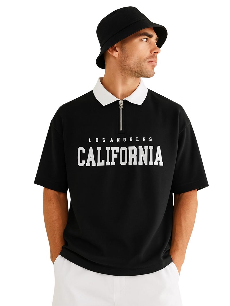 Jump Cuts Mens Printed Polo Neck Half Sleeve Black Cotton Blend T-Shirt - Image 1