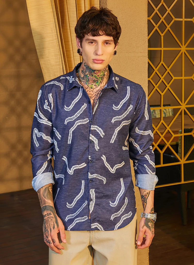 كامبوس سوترا قميص زحف رجالي أزرق داكن مطرز بالصليب