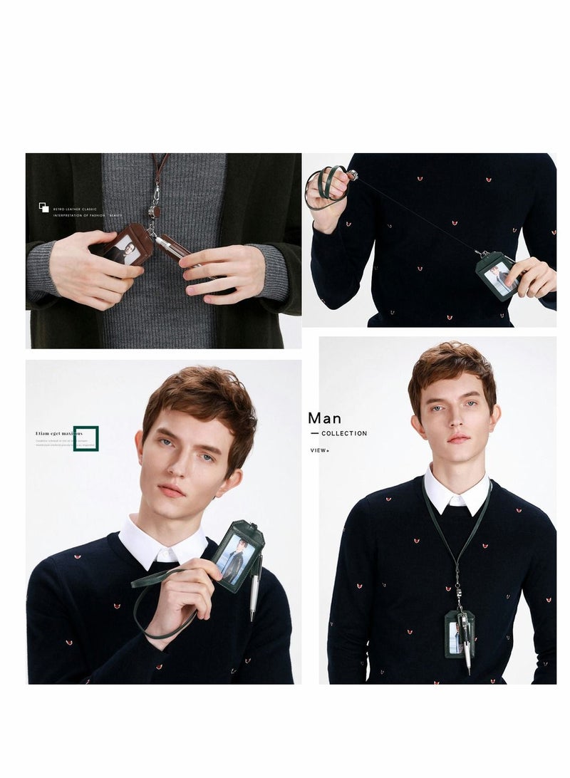 Excefore Office Badge Holder, Retractable Holders with Pen Holder Genuine Leather Credit ID Card Holder for Nurse, Teacher, Student, Worker, Brown - Image 3