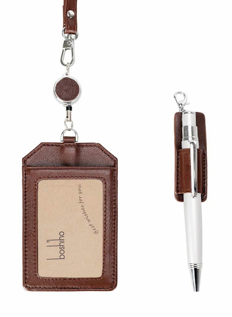 Excefore Office Badge Holder, Retractable Holders with Pen Holder Genuine Leather Credit ID Card Holder for Nurse, Teacher, Student, Worker, Brown - Image 1