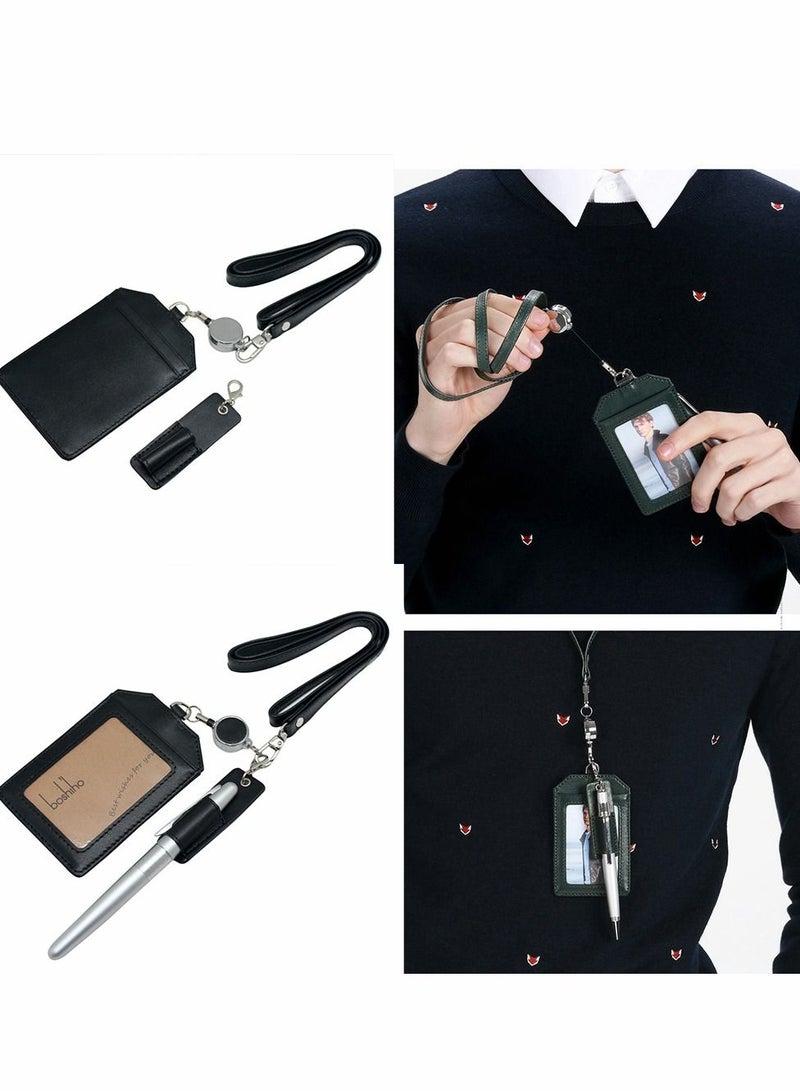 Excefore Office Badge Holder, Retractable Holders with Pen Holder Genuine Leather Credit ID Card Holder for Nurse, Teacher, Student, Worker, Brown - Image 4