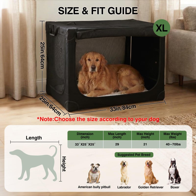 Veraste 33" L x 25" W x 25" H Collapsible Travel Dog Crate, Portable Soft Dog Kennel for Medium Large Dogs up to 60 lbs, 4-Door Foldable Travel Crate with Durable Mesh & Storage Bag, Black - Image 2
