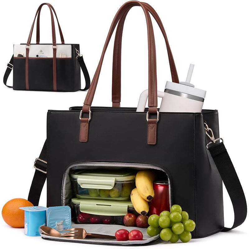 لوف فوك LOVEVOOK Lunch Bag for Women, Leather Work Laptop Tote Bag with Insulated Lunch Compartment for Office,Teacher,College,Nurse - Image 1