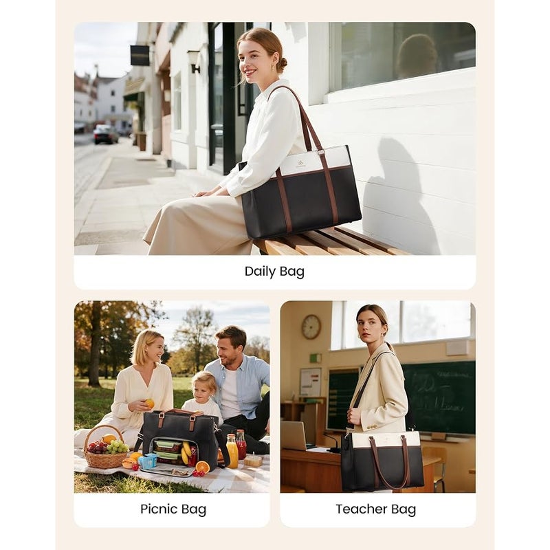 لوف فوك LOVEVOOK Lunch Bag for Women, Leather Work Laptop Tote Bag with Insulated Lunch Compartment for Office,Teacher,College,Nurse - Image 2