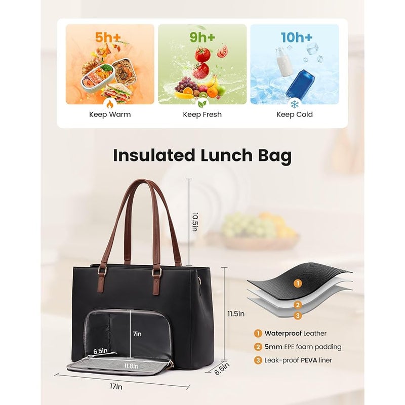 لوف فوك LOVEVOOK Lunch Bag for Women, Leather Work Laptop Tote Bag with Insulated Lunch Compartment for Office,Teacher,College,Nurse - Image 4