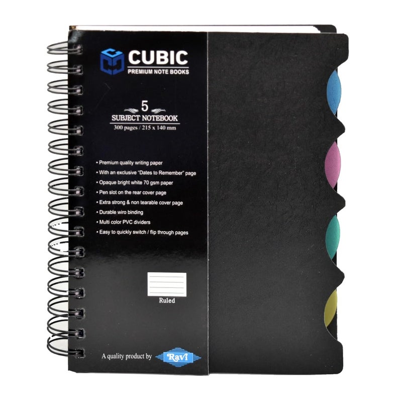 CUBIC A5 Premium Wiro Notebook | 5 Subject Divider | Durable Black Hard Cover | Strong Spiral Binding | Ideal for School, Office & Personal Notes - Image 1