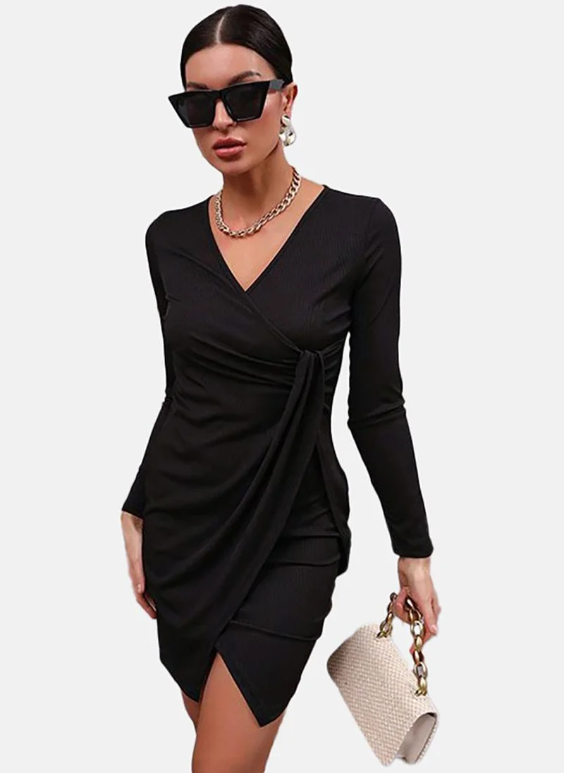 YUNIQEE Black Solid Wrap Knee Length Dress