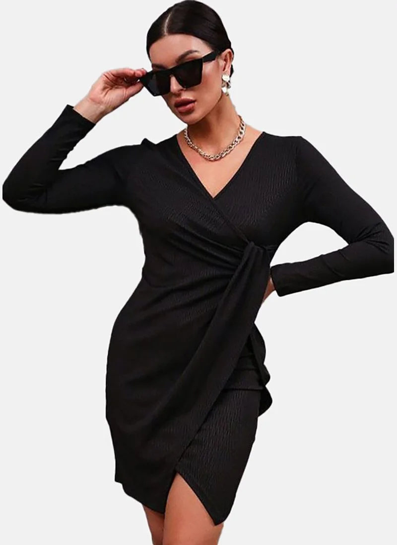 YUNIQEE Black Solid Wrap Knee Length Dress