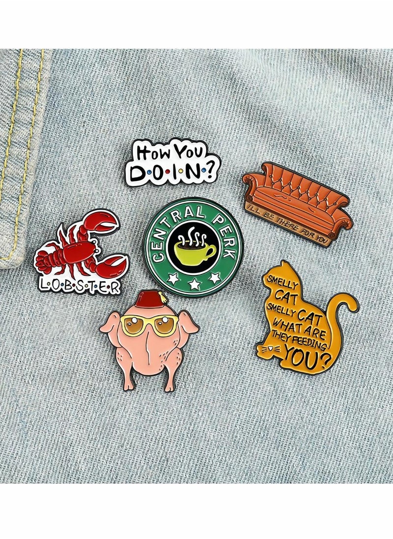Excefore Enamel Pins Set, 6 Pcs Cartoon Brooches, Friends TV Show Brooch Pins Enamel Lapel Pins for Backpack Hat Lapel Jacket Badges Button Cool Funny Aesthetic, Fashion Badge Jewelry for Women  - Image 1