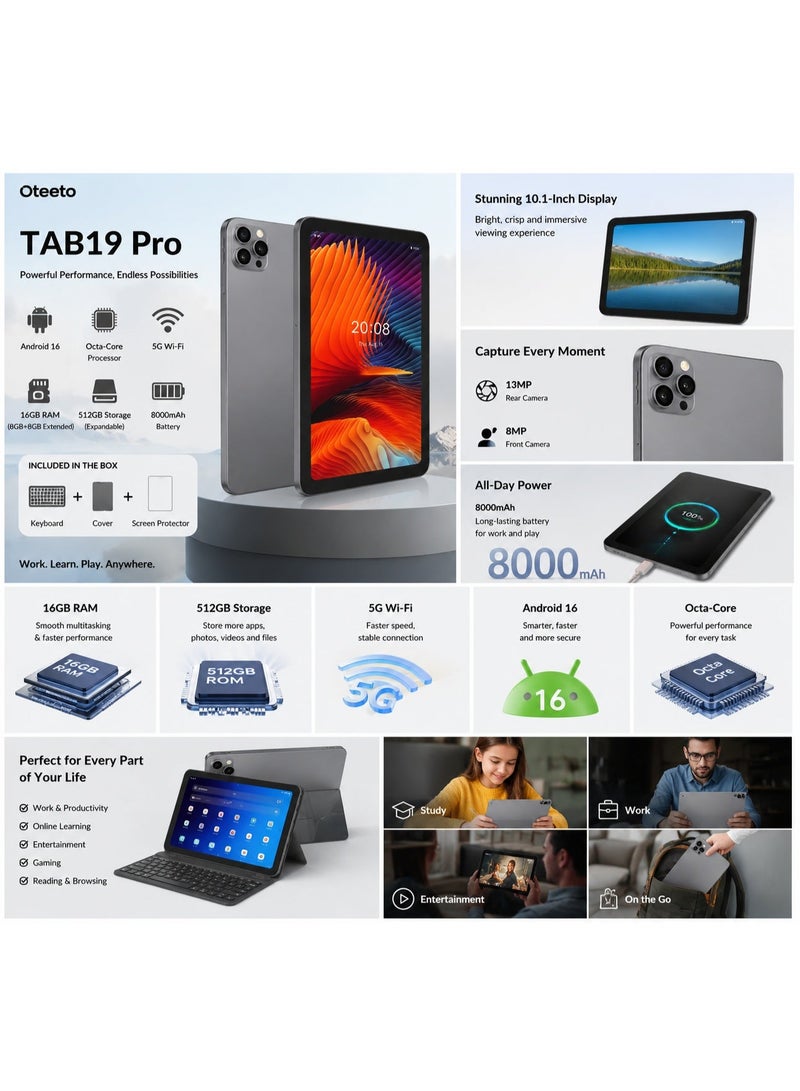 أوتيتو Oteeto TAB19 Pro 10.1-Inch Android 16 Tablet – 16GB RAM, 512GB Storage, Octa-Core, 5G Wi-Fi, 8000mAh Battery, 8MP Front & 13MP Rear Camera, Keyboard, Cover & Screen Protector Included, Gray - Image 2