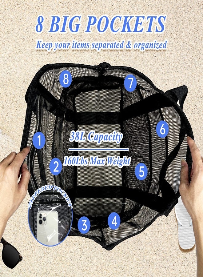 Yunaeduo Extra Large Mesh Beach Bag - Lightweight & Foldable Family Beach Bag with 9 Pockets for Toys, Towels & Vacation Essentials - Black - Image 2