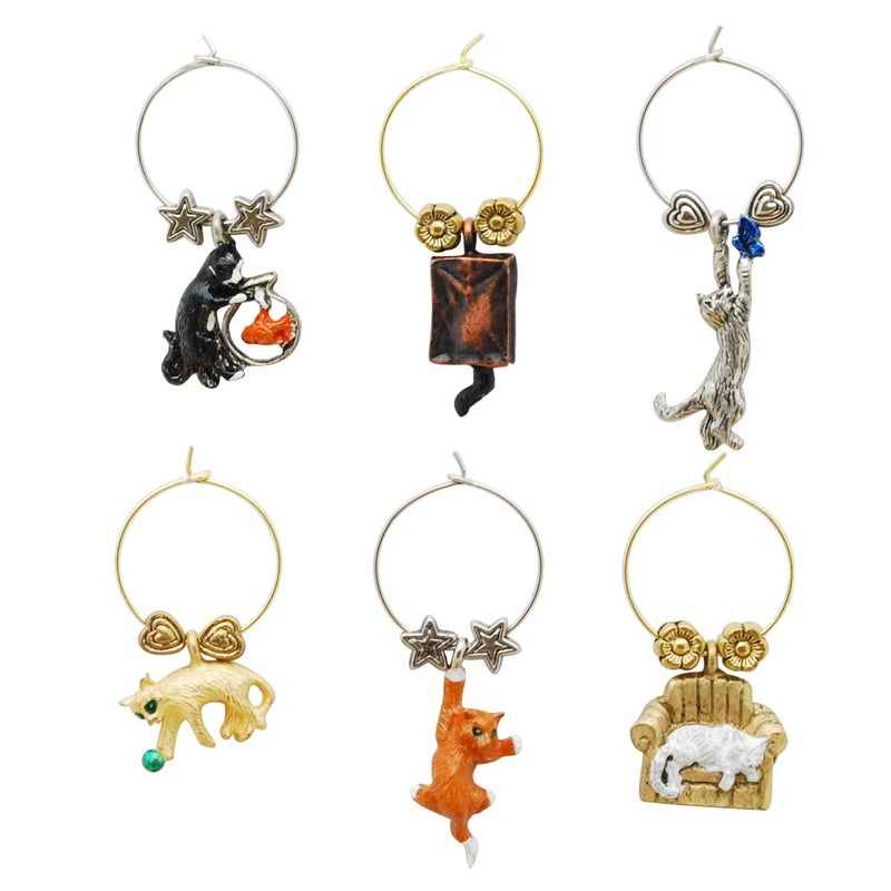 Wine Things Cats Wine Charms, Zinc Alloy Wine Glass Tags for Stem Glasses, Drink Markers Identifiers for Parties, Tastings, and Entertaining, Multicolor, Set of 6 - Image 2