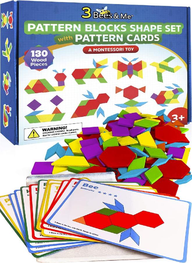 3 Bees & Me 3 Bees & Me Wooden Pattern Blocks - Fun Montessori Learning Toys for Ages 3 to 9 - Tangram Shapes Puzzle Set with 155 Pieces - Image 1