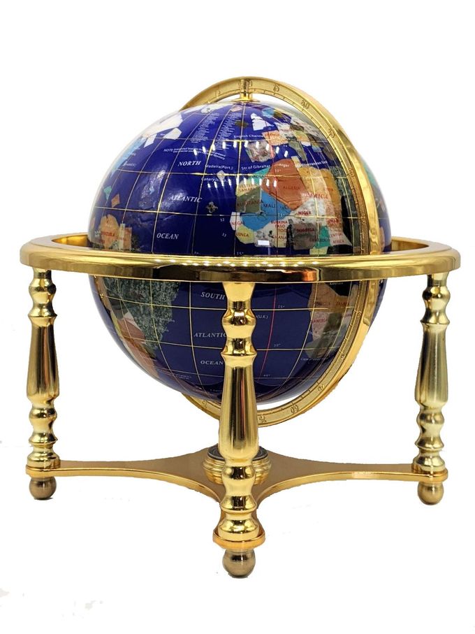 Unique Art Since 1996 14" Blue Lapis Gemstone Globe with Gold Stand - Image 1