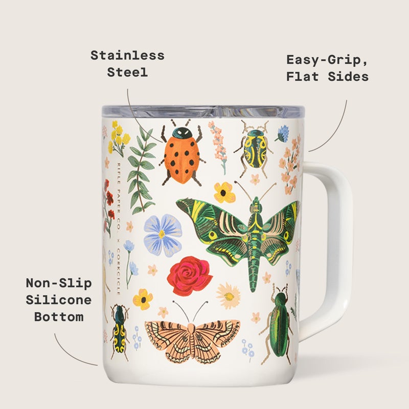 Corkcicle x Rifle Paper Co. Triple Insulated Coffee Mug with Lid & Handle - Keeps Beverages Hot for 3+ Hours - Gift for Mom - Great for Mother's Day or Christmas - 16 oz - Curio Cream - Image 4