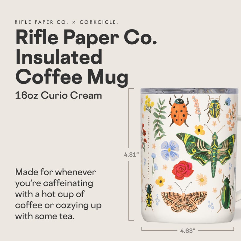 Corkcicle x Rifle Paper Co. Triple Insulated Coffee Mug with Lid & Handle - Keeps Beverages Hot for 3+ Hours - Gift for Mom - Great for Mother's Day or Christmas - 16 oz - Curio Cream - Image 2