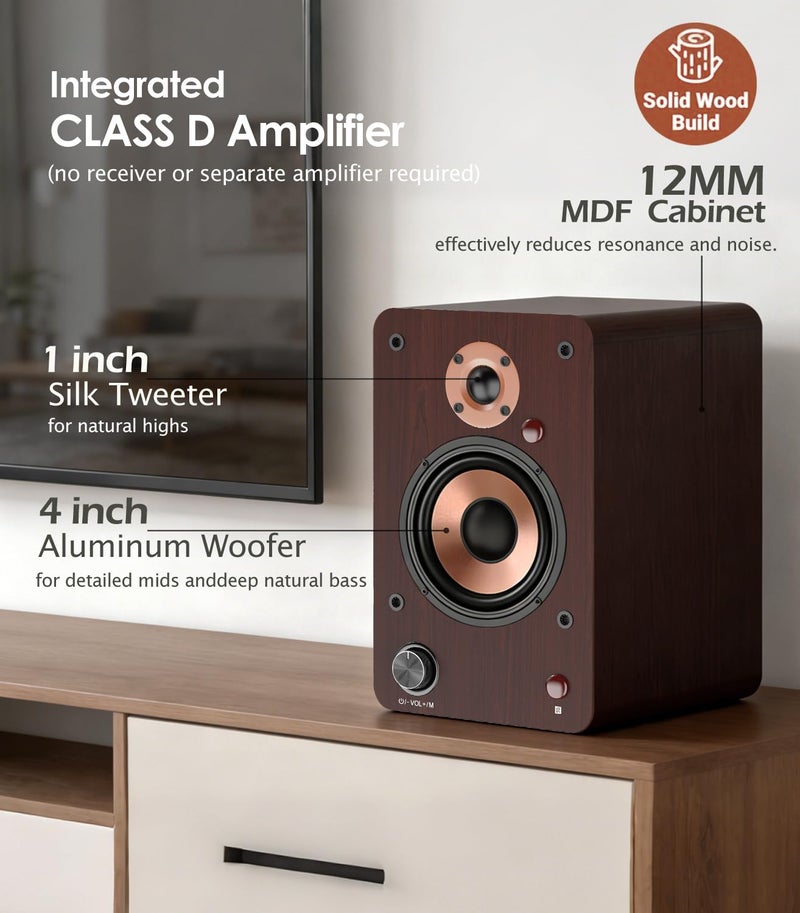 LONPOO 100W HiFi Active Bookshelf Speakers with Bluetooth, 4'' Aluminum Woofer, 12MM Wooden Cabinet, DSP-Tech, Optical/RCA/USB/AUX for TV PC Turntable (LP-42M) - Image 4