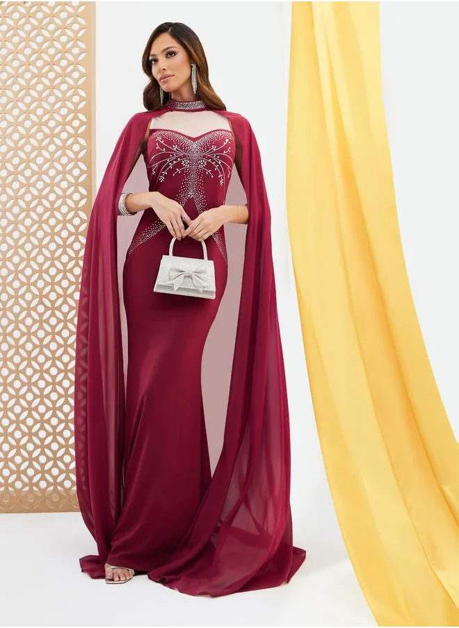 Styli Embellished Cape Sleeve Mermaid Hem Maxi Dress