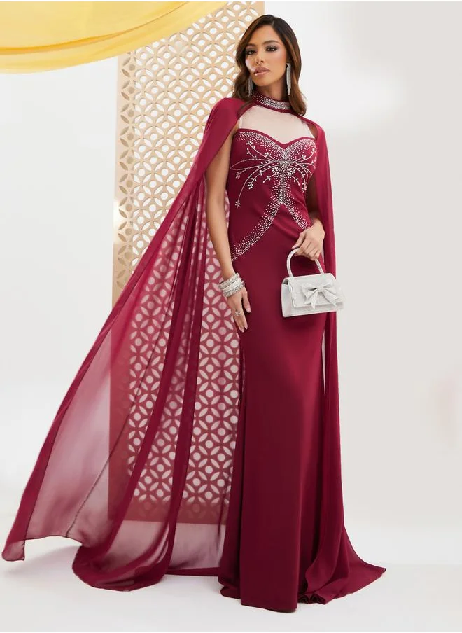 Styli Embellished Cape Sleeve Mermaid Hem Maxi Dress