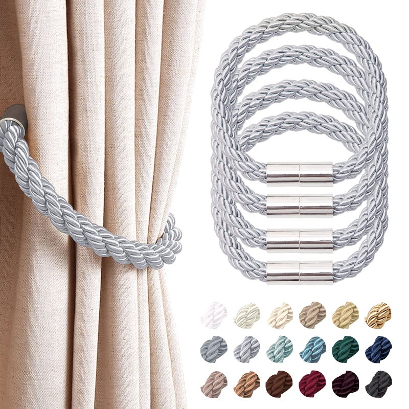 NICEEC 4 Pack Strong Magnetic Curtain Tiebacks Modern Simple Style Drape Tie Backs Convenient Decorative Weave Rope Curtain Holdbacks for Thin or Thick Home  Office Window Draperies Light Grey